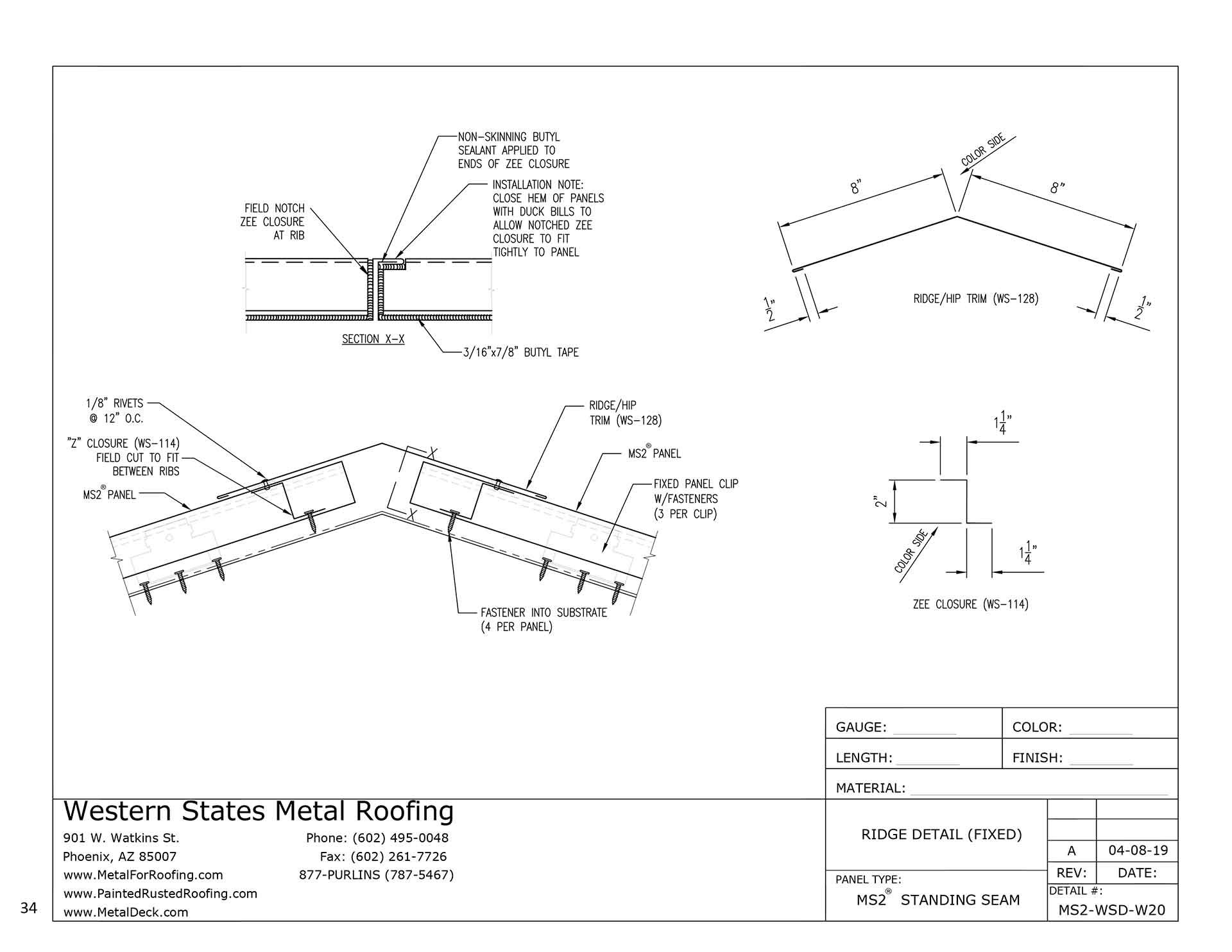 Fixed Ridge Cap with Hems | MS2 Mechanical Seam Roofing | Part #WS-128