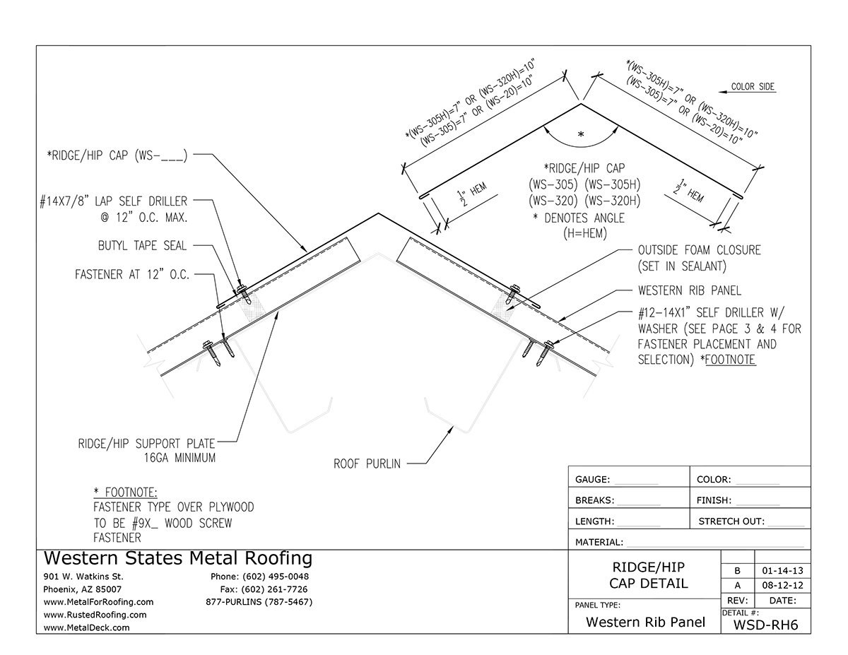 Part #WS-320H Ridge/Hip Cap with Hems for Western Rib (7.2 Panel)