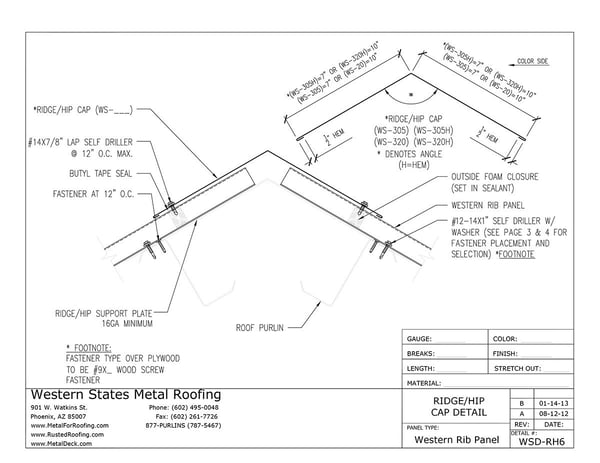 Part #WS-305H Ridge/Hip Cap with Hems for Western Rib (7.2 Panel)