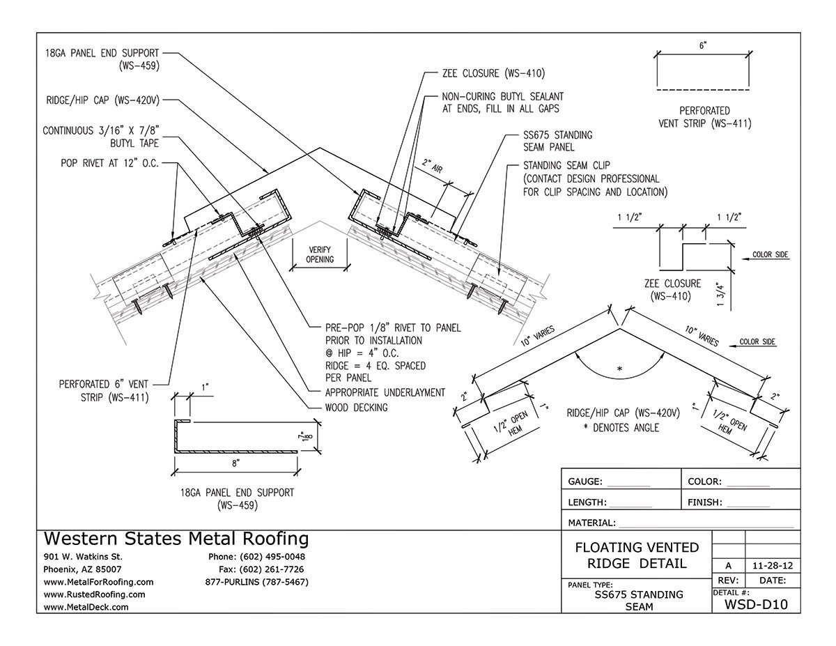 Floating Vented Ridge Cap For Western Lock® Standing Seam